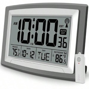 12.5 Inch Digital Clock with Atomic Time Outdoor Indoor Temperature Large Display Wall Desk Clock Bedroom Living Room - 1 of 4