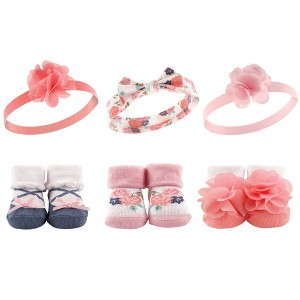 Hudson Baby Infant Girl Headband and Socks Giftset 6pc, Coral Floral, One Size - 1 of 2