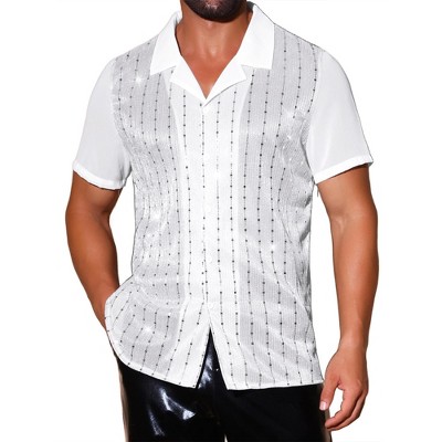 INSPIRE CHIC Men's Camp Collar Patchwork Short Sleeved Club Sequin Sheer Shirts