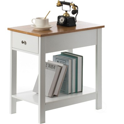 Basicwise White End or Sofa Side Table With Wooden Drawer and Shelf For Entryway, Living room, and Bedroom