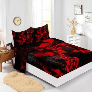 Luupatchy 4 Pcs Retro Red Rose Comforter Set With 1 Fitted Sheet, 1 Flat Sheet And 2 Pillowcases, For Kids Teens Boys Girls Adults Bedroom - 1 of 4