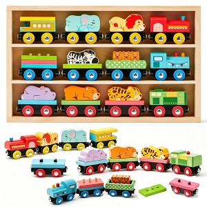   ベビーフィギュリン 3体セット 置物 Joyfy 12 PCS Magnetic Wooden Train Toy Set, Montessori STEM