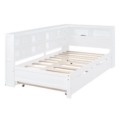 Bellemave Twin Size Wooden Daybed with Bookcases and Twin Trundle, No box Spring Needed, White