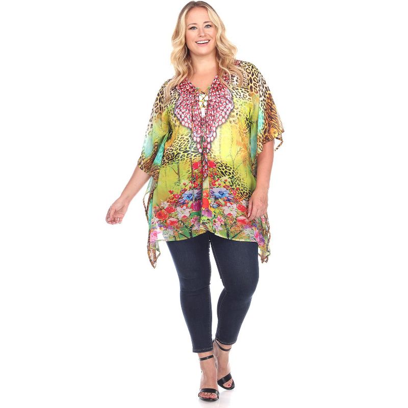 Women's Plus Size Animal Print Caftan with Tie-up Neckline - One Size Fits Most Plus - White Mark, 1 of 4