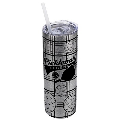 Elanze Designs Plaid Silvertone Sparkle 20 Ounce Double Wall Stainless Steel Glitter Travel Tumbler With Sliding Lid And Straw, Pickleball