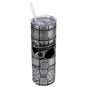 Elanze Designs Plaid Silvertone Sparkle 20 Ounce Double Wall Stainless Steel Glitter Travel Tumbler With Sliding Lid And Straw, Pickleball - 1 of 4