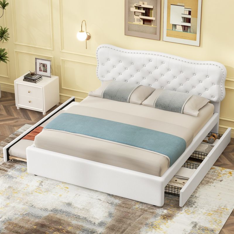 Queen/Full Size Upholstered Platform Bed with Storage Drawers and Trundle Bed, White-ModernLuxe, 3 of 13