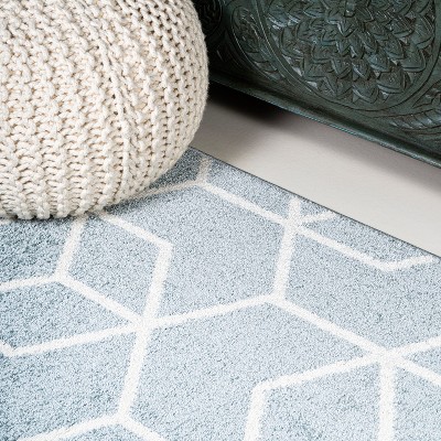 Light Blue and White Geometric Synthetic 5x8 Area Rug