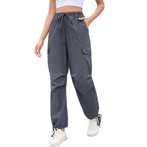 MISSKY Womens Parachute Cargo Pants with Pockets Drawstring Hiking Pants Lightweight Low Waist Baggy Joggers - 1 of 4