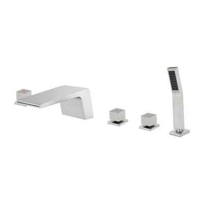 Cobbe 5-Hole Bathtub Faucet Set in Brushed Nickel - with Hot/Cold Water Switch, Diverter Knob, Hand Shower Head and 4.72-Inch Wide Waterfall Spout