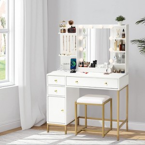 Vanity Desk with Mirror & Chair, Makeup Vanity Table with Charging Station, Drawers & Storage Shelves - Perfect Dressing Table Set for Bedroom - 1 of 4