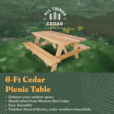 Handcrafted 6-ft Natural Cedar Outdoor Picnic Table with Benches