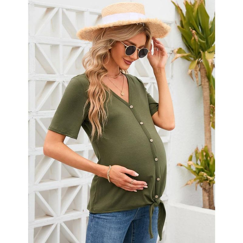 Maternity Short Sleeve T-Shirt Casual Button Down V Neck Nursing Tops Loose Breastfeeding Blouses, 5 of 8