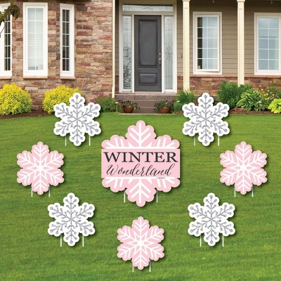 Big Dot of Happiness Pink Winter Wonderland - Yard Sign and Outdoor Lawn Decor - Holiday Snowflake Birthday Party or Baby Shower Yard Signs - Set of 8