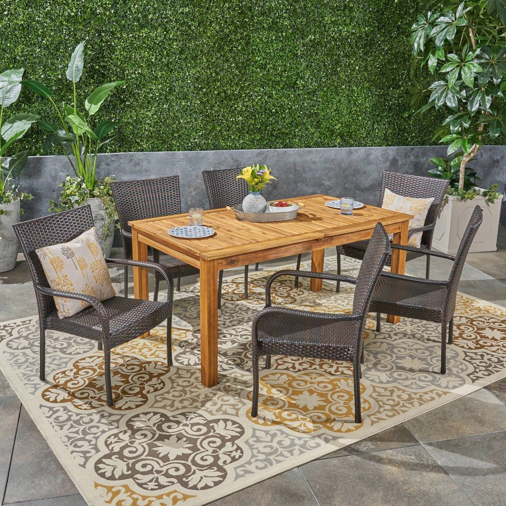 Photos - Garden Furniture Hayes 7pc Wood & Wicker Expandable Dining Set - Natural/Brown - Christophe