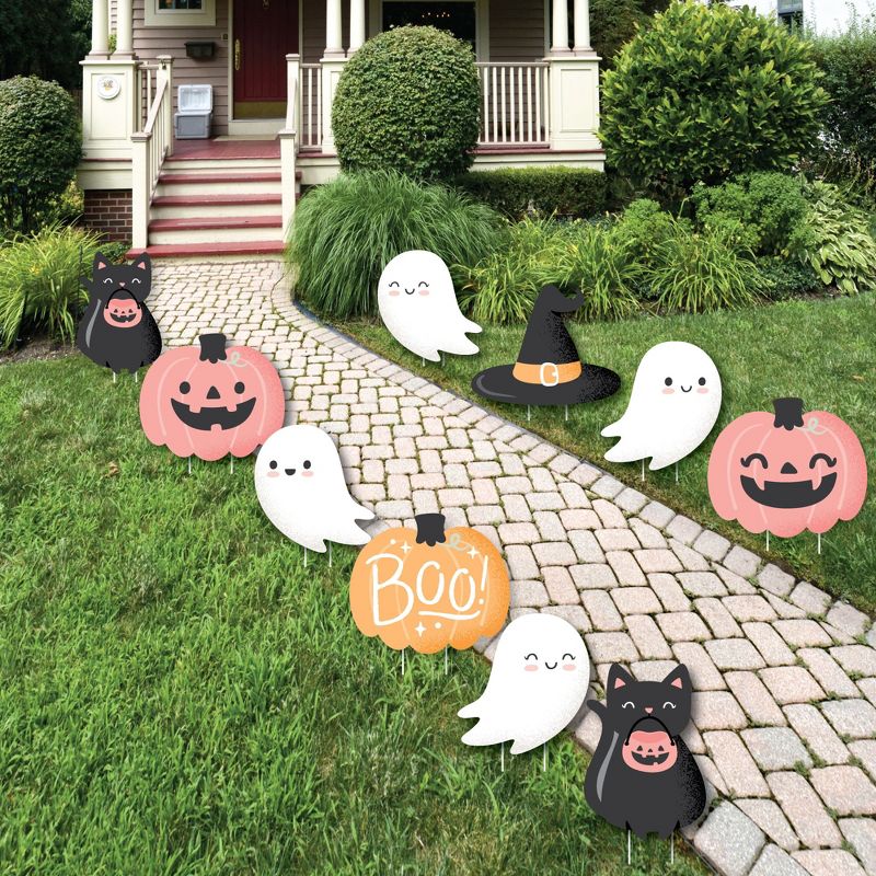 Big Dot of Happiness Pastel Halloween - Ghost, Pumpkin, Cat and Hat Lawn Decorations - Outdoor Pink Pumpkin Party Yard Decorations - 10 Piece, 1 of 9