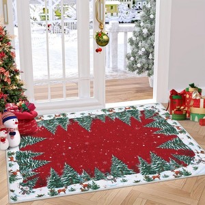 Red Snowman Deer Tree Christmas Door Mat, Winter Home Decor Low-Profile Non-Slip Washable Area Rug - 1 of 4