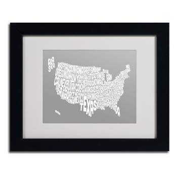 Trademark Fine Art -Michael Tompsett 'GREY-USA States Text Map' Matted Framed