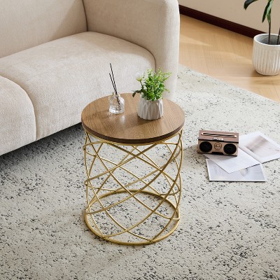 Vynxaria Modern Side Table - Wood Top and Metal Birdcage Frame (Interlocking Mesh), 17"Wx17"Lx20.5"H, No Assembly, Indoor Multi-Use