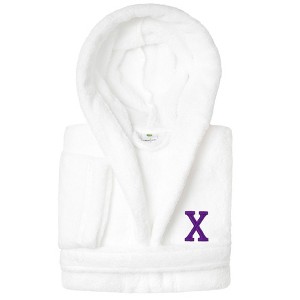 Personalized Linum Kids 100% Polyester SUPER PLUSH Double Brushed Hooded Bathrobe in Purple Bookman Font - 1 of 3