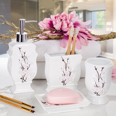White Ceramic Floral 4-Piece Bathroom Accessory Set