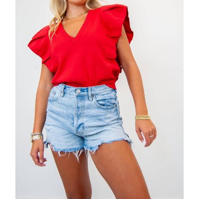 Women's Pleated Cap Sleeve Ruffle Sweater - Strut & Bolt