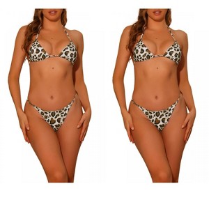 Elerevyo Women's Leopard Print Halter Lace Up Triangle Thong Bottoms Swimwear Bathing Suits 2 Sets - 1 of 4