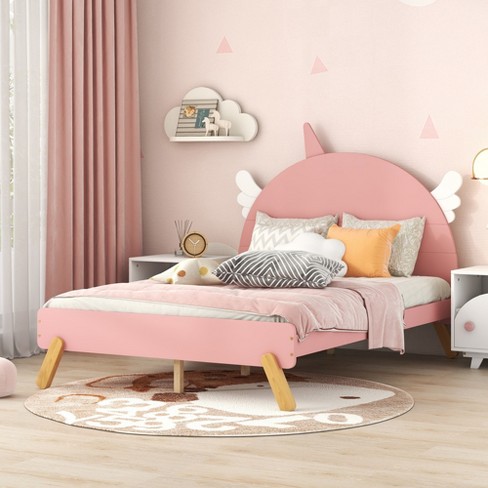 Full Size Wooden Platform Bed With Unicorn Shape Headboard, Pink ...