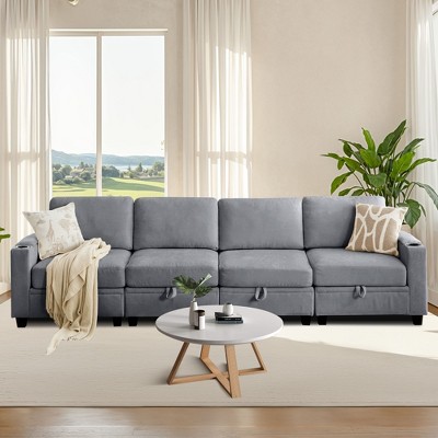 Hyleory 117.4" Modern Chenille Fabric Storage Straight Sectional Sofa,4 seater Couch with Double Ottomans for Living Room