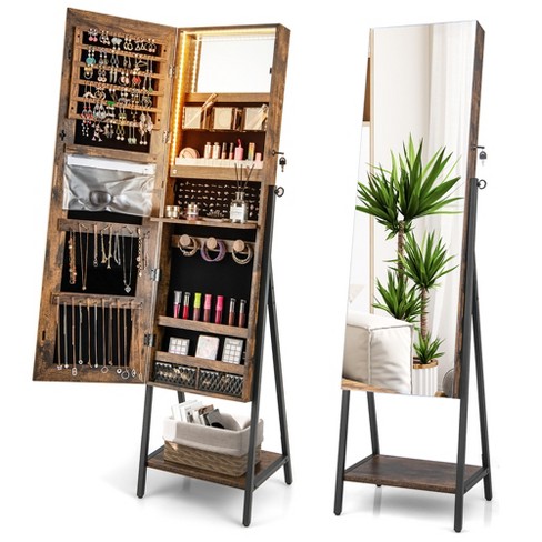 Standing Lockable Jewelry Storage Organizer with Full-Length Mirror-Brown | Costway