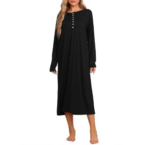 cheibear Women's Knit Scoop Neck Front Half Length Button Down Long Sleeve Nightgown - 1 of 4