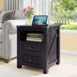 Vipbear Farmhouse Nightstand with Charging Station 18" Rustic End Table - 1 of 4