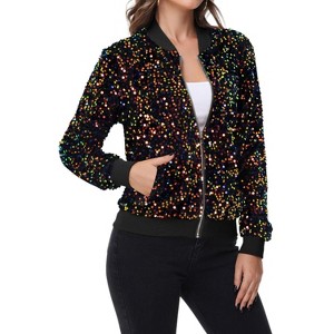 Anna-Kaci Women's Sequin Bomber Jacket Zip Front Ribbed Cuffs and Hem Pockets - 1 of 4