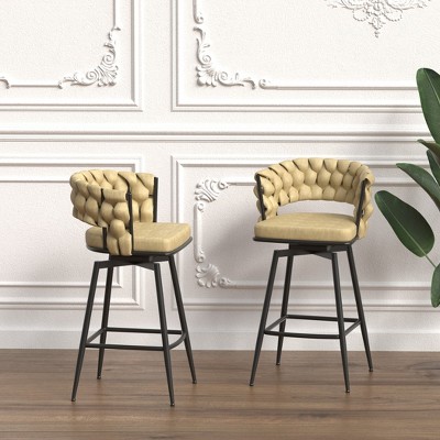 28" Leather Woven Bar Stool Set of 2, Legs Barstools, No Adjustable Kitchen Island Chairs, 360¡ã Upholstered Counter Stool, Arm Chairs - Beige
