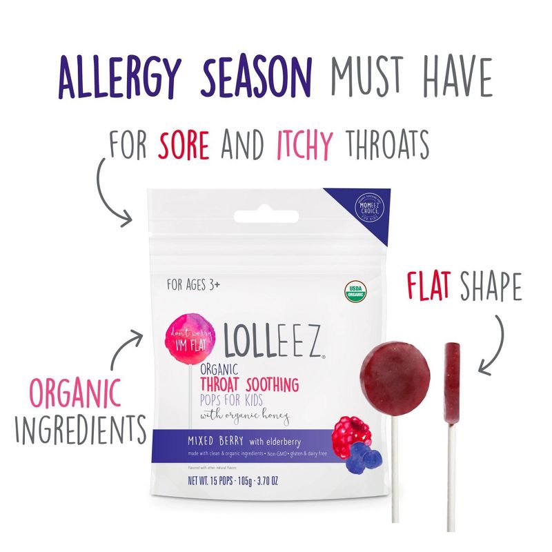 Lolleez Organic Throat Soothing for Kids&#39; Lollipop - Mixed Berry/Elderberry - 15ct, 3 of 9