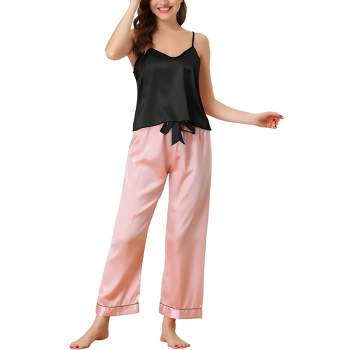 Cheibear Women's Pajama Party Satin Silky Summer Camisole Cami Pants Sets  Pink Medium : Target