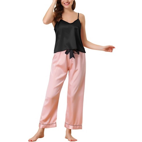 cheibear Women's Pajama Party Satin Silky Summer Camisole Cami Pants Sets  Black Pink Large