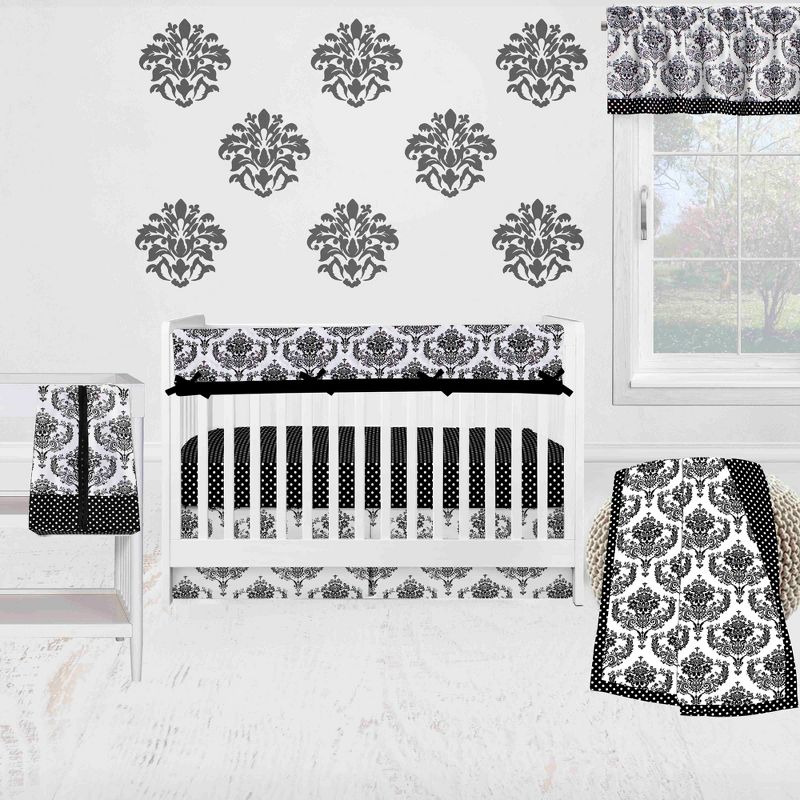 Bacati - Classic Damask Black/Grey/White 6 pc Crib Bedding Set with Long Rail Guard Cover, 1 of 11