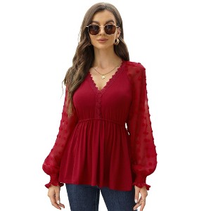 Puff Sleeve Peplum Tops Lantern Sleeve V Neck Tops Peplum Shirts For Women Loose Fit - 1 of 4