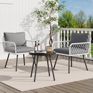 Garnee 3 Pieces Patio Bistro Set, Outdoor Wicker Set with Coffee Table, All-Weather Rattan Balcony Furniture for 3 with Table & Cushions - 1 of 4