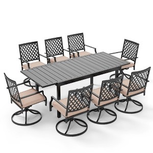 Captiva Designs 9pc Patio Slat-top Adjustable Steel Rectangle Table & Metal Chairs with Thick Cushions - 1 of 4