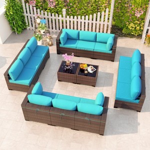 ALAULM Patio Furniture Outdoor Sectional PE Rattan Sofa Set Brown Manual Wicker Patio Conversation Set with Seat Cushions - 1 of 4