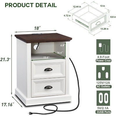 White and Brown Wood Nightstand with Charging Station and 2 Drawers