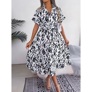 Women's Summer Polka Dot Print Shirt Dress Vintage Short Sleeve Button Down Midi Dress - 1 of 4
