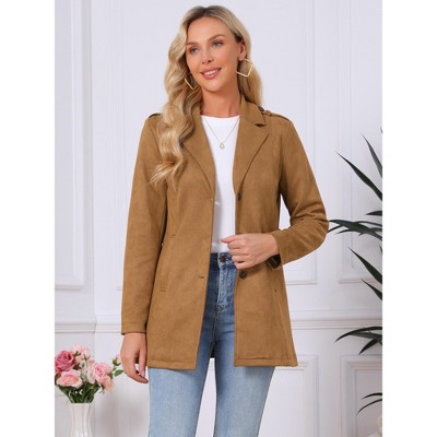 INSPIRE CHIC Women's Faux Suede Lapel Collar Belted Work Dressy Business Casual Overcoat Brown Small — фото 3