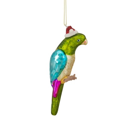 6.25" Green and Blue Parrot with Santa Hat Glass Ornament