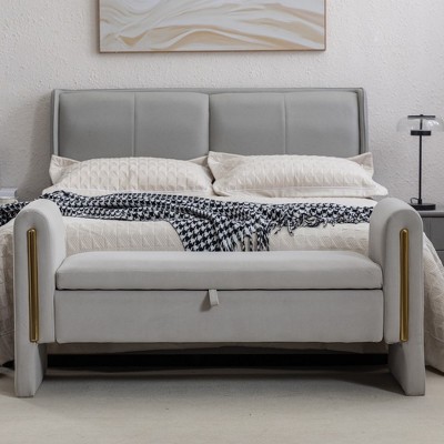 Velvet Fabric Storage Bench Bedroom Bench With Gold Metal Trim Strip