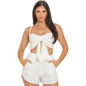 Slickblue Women's Front Oversized Bow Crop Top & Shorts Set, Twisted Tie Back, Elastic Waist, Black/White/Lime, Size S-L - 1 of 4