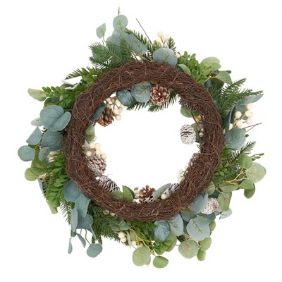 Eucalyptus Bliss 24" Spring Burlap & Pine Cone Outdoor Wreath