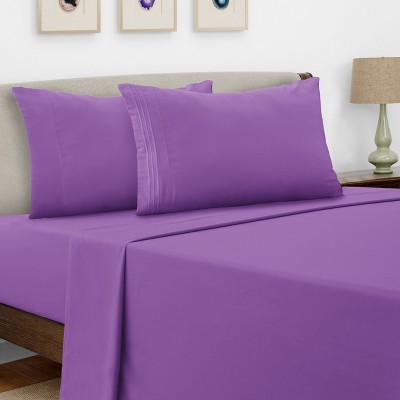 Twin Purple Microfiber Embroidered Deep Pocket Sheet Set